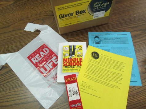 In the bag:  A letter about World Book Night, discussion guide, Wimpy Kid bookmark, and Middle School the Worst Years of My Life