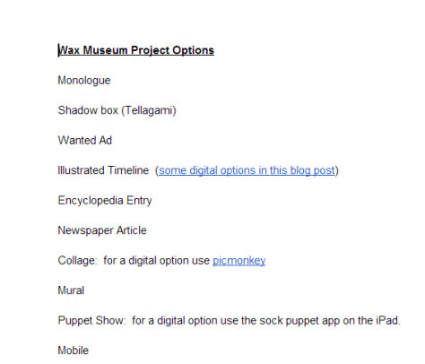 Wax Museum Project Options   Google Docs